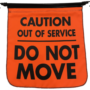 fluorescent orange out of service flag with black letter and bungee