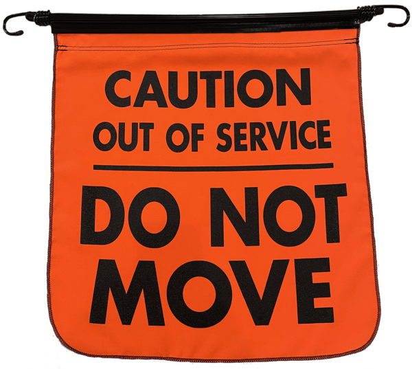 fluorescent orange out of service flag with black letter and bungee
