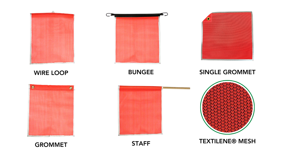 Max Duty Safety Flag variations (Wire Loop, Bungee, Grommet, Staff, and Single grommet)